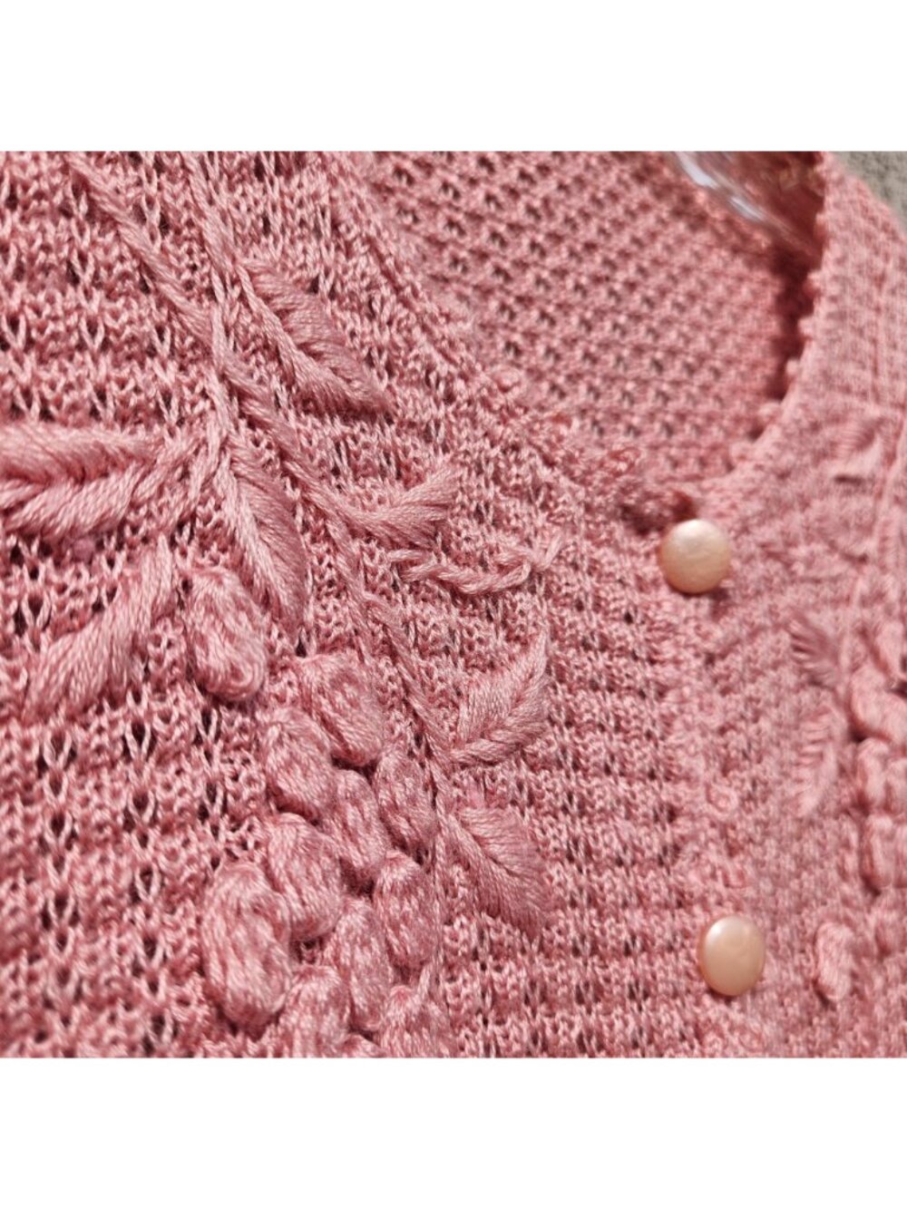 Vintage 70s Japanese Pastel Pink Lace Knit Floral Cardigan Top M Sakura Flowers - Picture 10 of 11